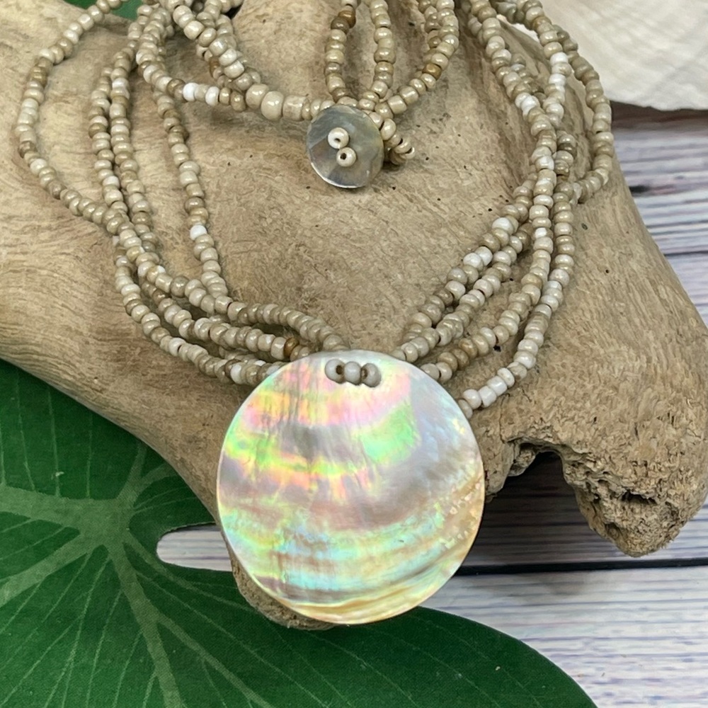 Pearlescent Shell Pendant Multi-Strand Beaded Necklace - Natural